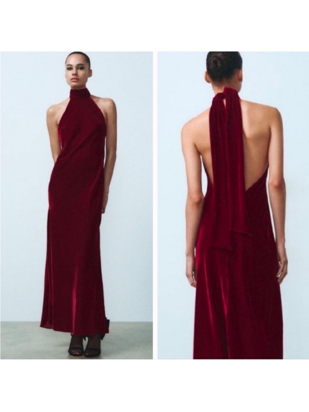 Zara, Halter Backless Velvet Evening Gown in Deep Wine, SzM